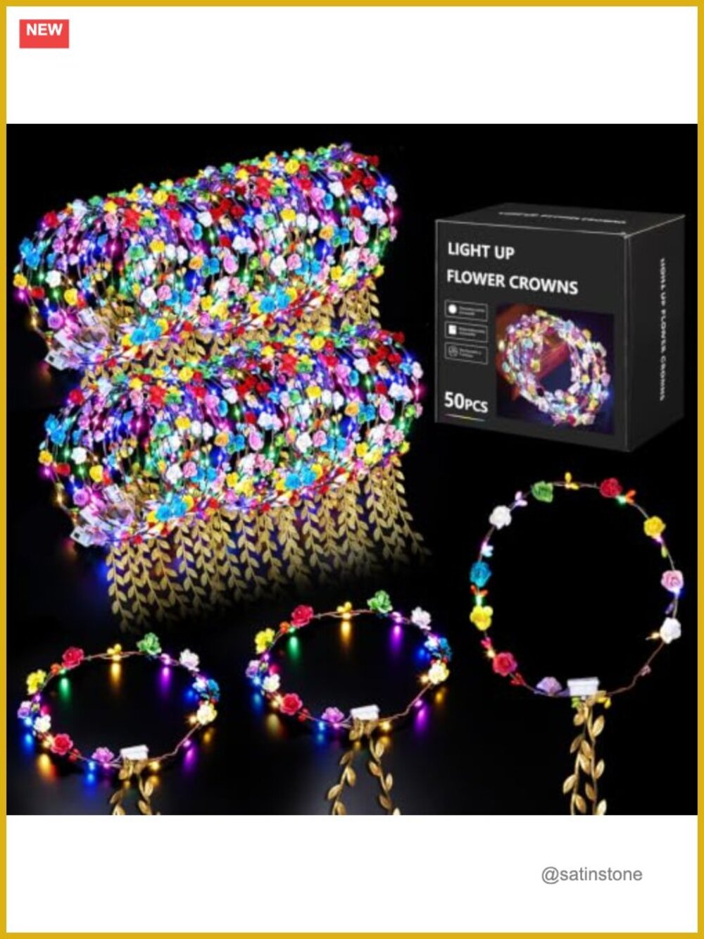 50 PCS LED Flower Crowns Light Up Floral Headband Gold Leaves